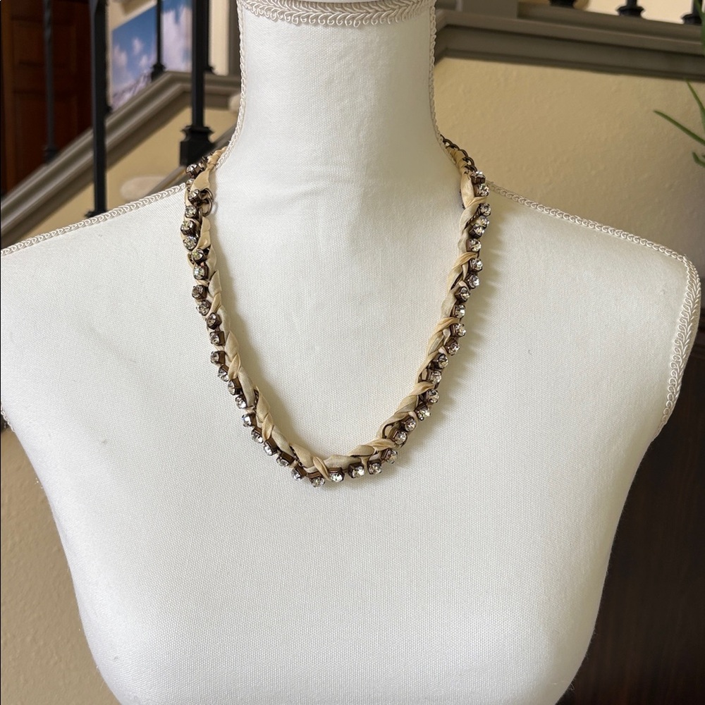 J. Crew Bronze Chain & Ivory Ribbon Necklace With Rhinestones